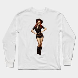 Vintage Redhead Cowgirl Pinup in Cowboy Hat and with Western Fringe Long Sleeve T-Shirt